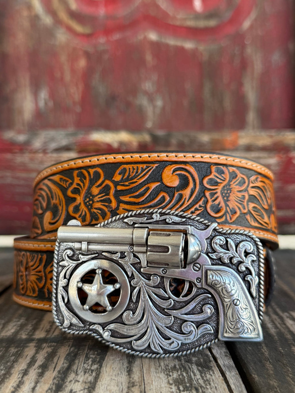Kids Tool Belt, Pistol Buckle in peanut brown, expertly crafted with distinctive pistol-shaped buckle - C30124. Available at Blair's Western Wear, Marble Falls, TX.