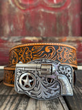 Kids Tool Belt, Pistol Buckle in peanut brown, expertly crafted with distinctive pistol-shaped buckle - C30124. Available at Blair's Western Wear, Marble Falls, TX.