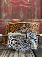 Kids Tool Belt, Pistol Buckle in peanut brown, expertly crafted with distinctive pistol-shaped buckle - C30124. Available at Blair's Western Wear, Marble Falls, TX.