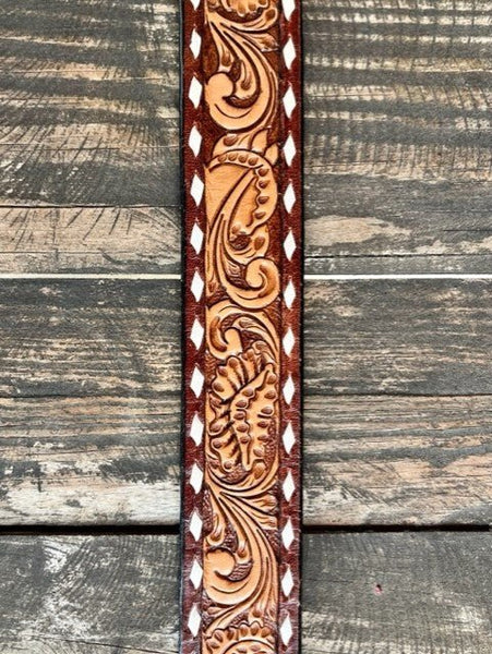 Ladies All Tooled Leather Belt with Rawhide Stitch
