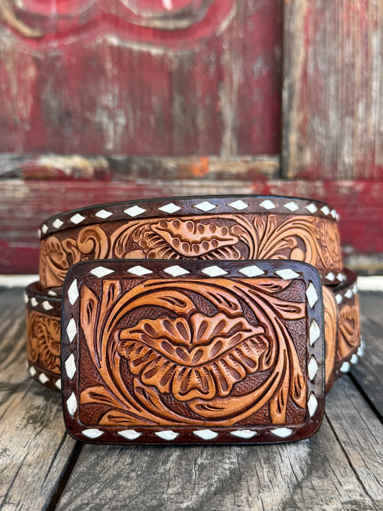 Ladies All Tooled Leather Belt with Rawhide Stitch