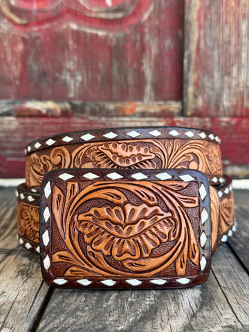Ladies All Tooled Leather Belt with Rawhide Stitch