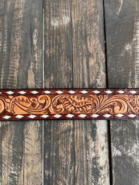 Ladies All Tooled Leather Belt with Rawhide Stitch
