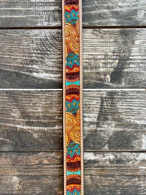 Ladies Aztec-Inspired Hand-Painted Tooled Leather Belt