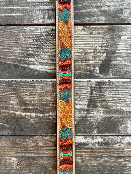 Ladies Aztec-Inspired Hand-Painted Tooled Leather Belt