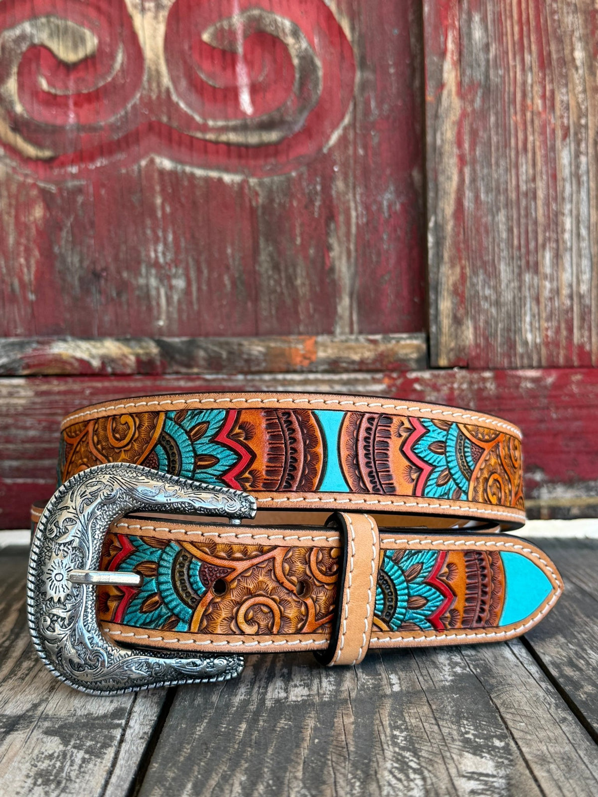Ladies Aztec-Inspired Hand-Painted Tooled Leather Belt