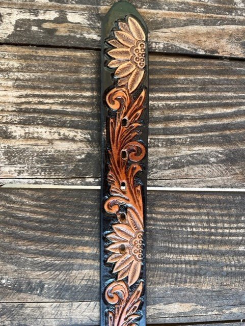 Ladies Black & Cognac Floral Tooled Leather Belt