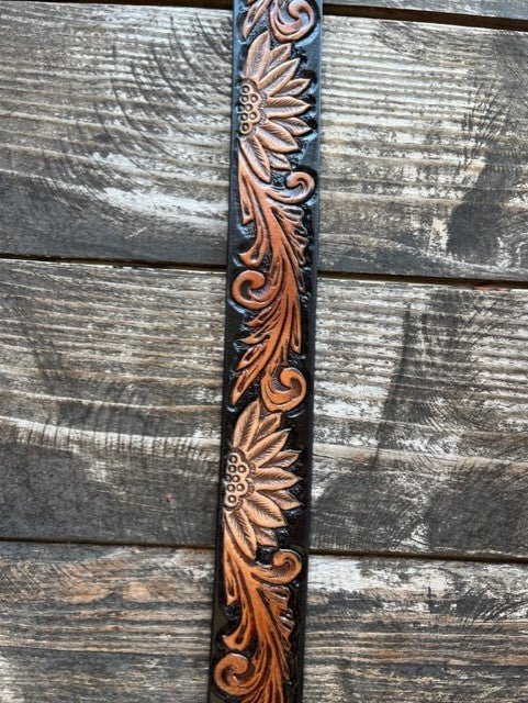 Ladies Black & Cognac Floral Tooled Leather Belt