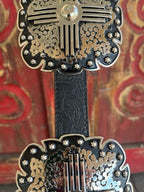 Ladies Black Concho Tooled Leather Belt