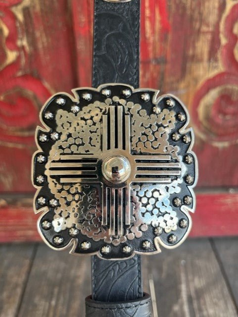 Ladies Black Concho Tooled Leather Belt