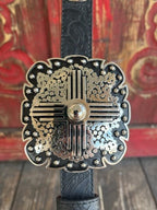 Ladies Black Concho Tooled Leather Belt
