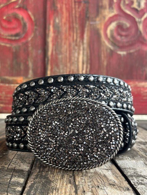 Ladies Black Crushed Crystal Belt with Silver Stud Detail