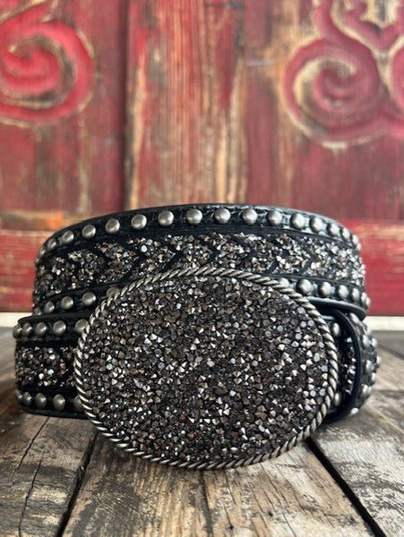 Ladies Black Crushed Crystal Belt with Silver Stud Detail