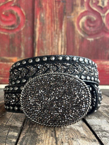 Ladies Black Crushed Crystal Belt with Silver Stud Detail