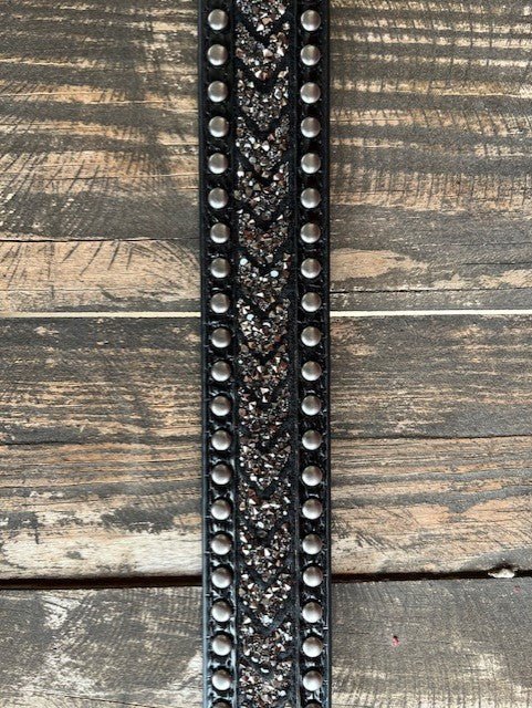 Ladies Black Crushed Crystal Belt with Silver Stud Detail