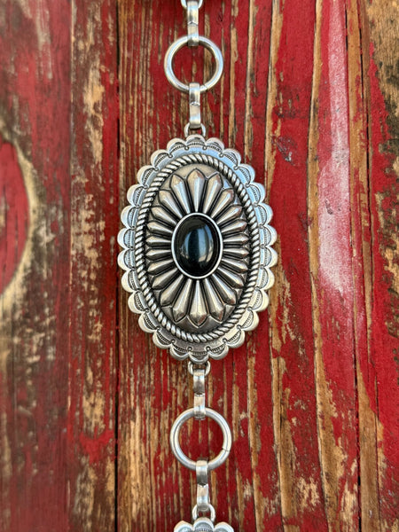 Ladies Black Stone Scalloped Concho Chain Belt