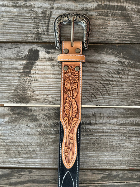 Ladies Black Suede & Tooled Leather Belt