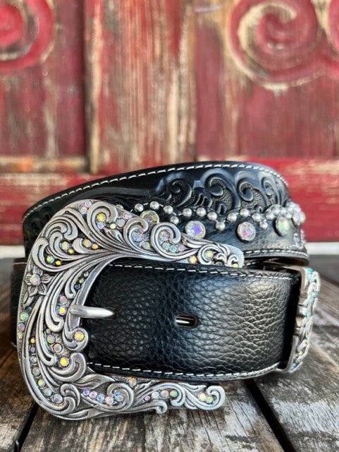 Ladies Black Tooled Leather Overlay Crystal & Stud Belt