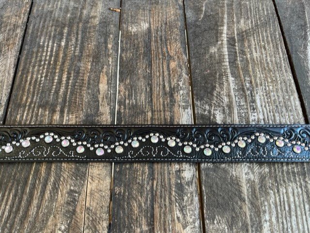 Ladies Black Tooled Leather Overlay Crystal & Stud Belt