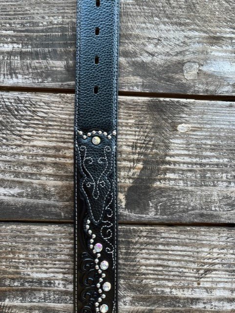 Ladies Black Tooled Leather Overlay Crystal & Stud Belt