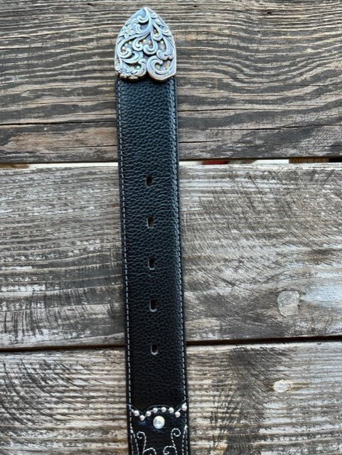 Ladies Black Tooled Leather Overlay Crystal & Stud Belt