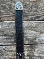 Ladies Black Tooled Leather Overlay Crystal & Stud Belt