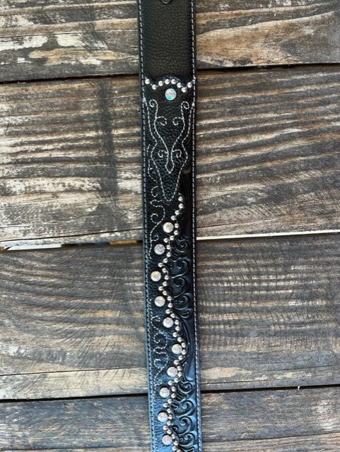 Ladies Black Tooled Leather Overlay Crystal & Stud Belt