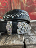 Ladies Black Tooled Leather Overlay Crystal & Stud Belt