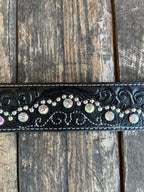 Ladies Black Tooled Leather Overlay Crystal & Stud Belt