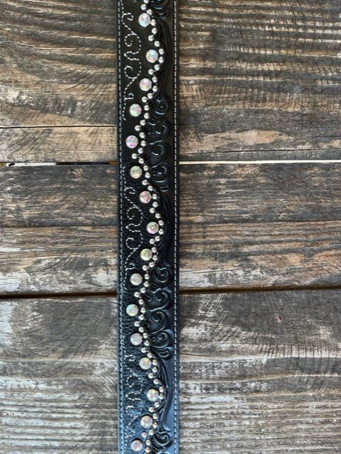 Ladies Black Tooled Leather Overlay Crystal & Stud Belt