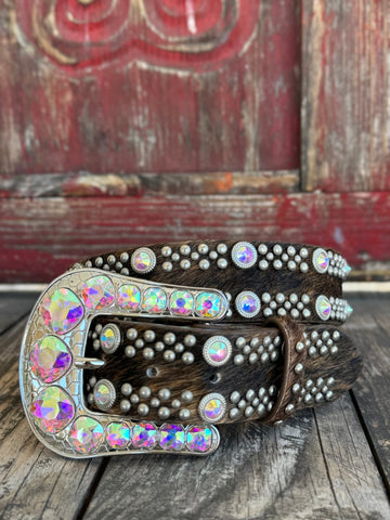 Ladies Cowhide Overlay Leather Belt with Iridescent Jeweled Buckle