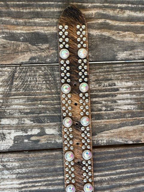 Ladies Cowhide Overlay Leather Belt with Iridescent Jeweled Buckle