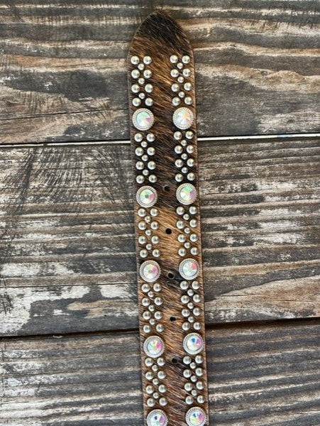 Ladies Cowhide Overlay Leather Belt with Iridescent Jeweled Buckle