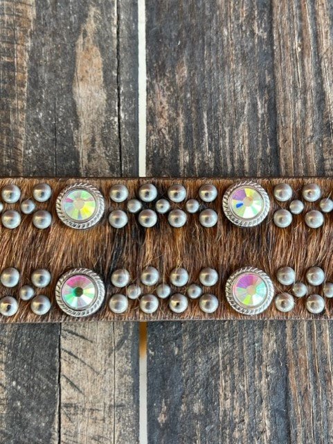 Ladies Cowhide Overlay Leather Belt with Iridescent Jeweled Buckle