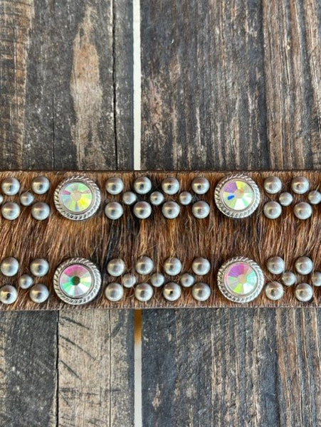 Ladies Cowhide Overlay Leather Belt with Iridescent Jeweled Buckle