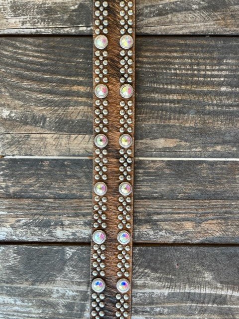 Ladies Cowhide Overlay Leather Belt with Iridescent Jeweled Buckle