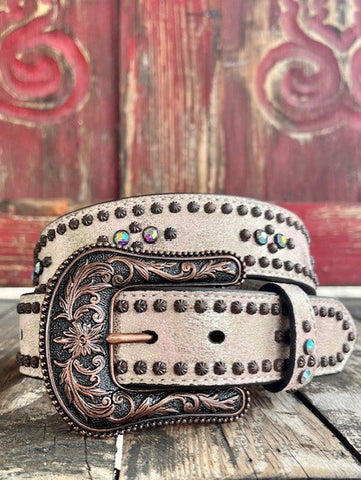 Ladies Crackle Leather Stud & Gem Stone Belt
