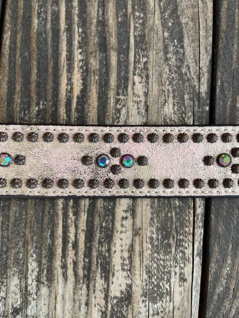 Ladies Crackle Leather Stud & Gem Stone Belt