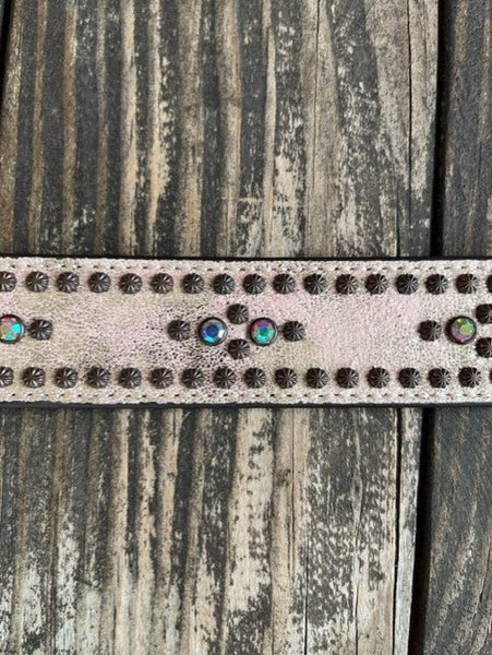 Ladies Crackle Leather Stud & Gem Stone Belt