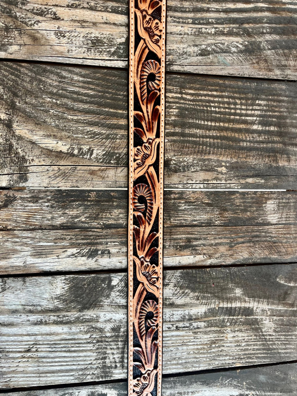 Ladies Floral Tooled Leather Belt with Black Stones Buckle