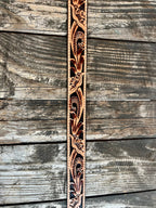 Ladies Floral Tooled Leather Belt with Black Stones Buckle