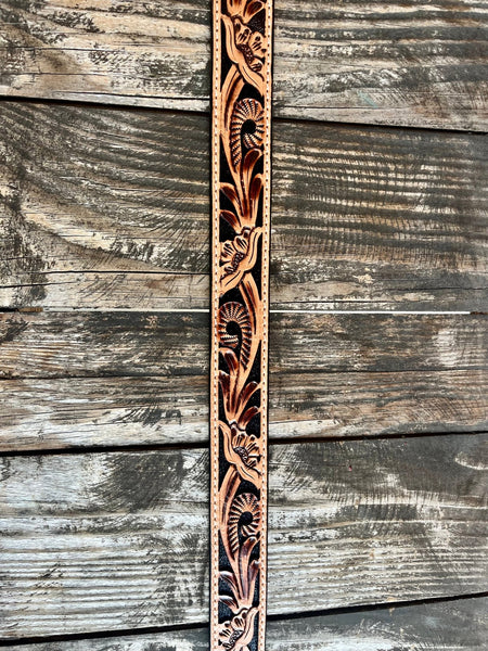 Ladies Floral Tooled Leather Belt with Black Stones Buckle