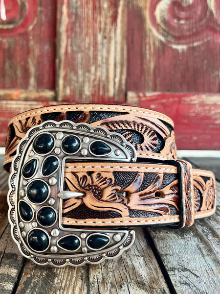 Women's Angel Ranch Belt in tan with black sparkle underlay and stylish buckle - D140010101. Available at Blair's Western Wear, Marble Falls, TX.