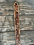 Ladies Floral Tooled Leather Belt with Black Stones Buckle