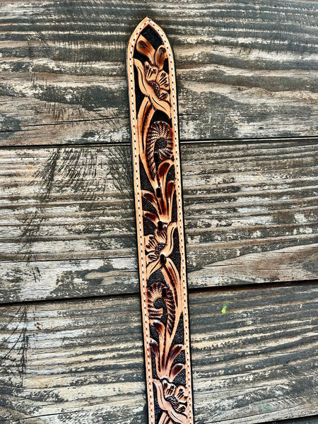 Ladies Floral Tooled Leather Belt with Black Stones Buckle
