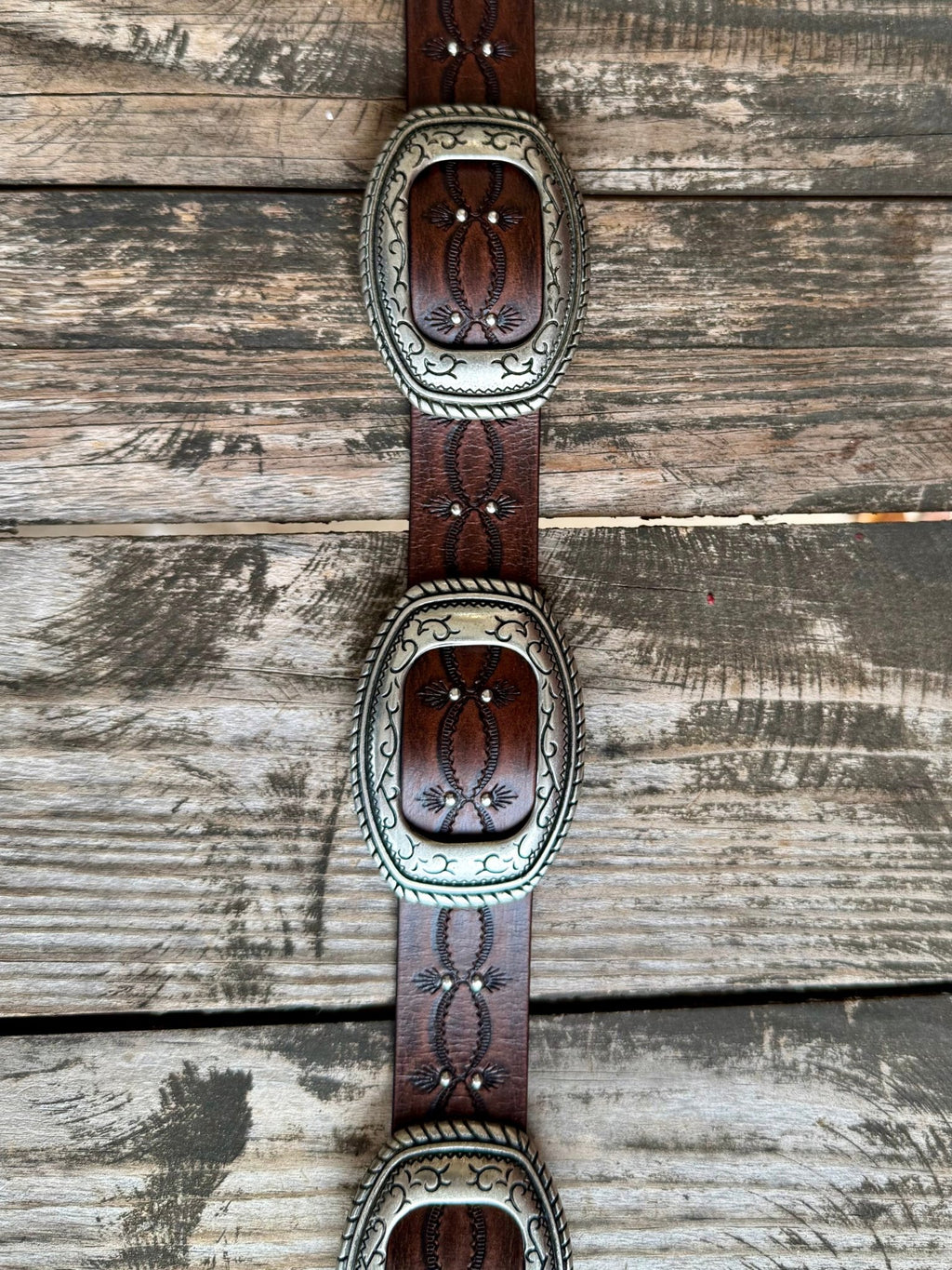 Ladies Floral Tooled Leather Belt with Silver Buckle Set