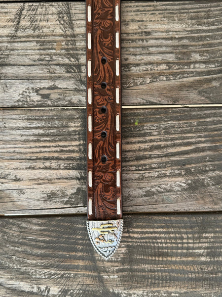 Ladies Floral Tooled Whipstitch Leather Belt with Cactus Scene Buckle