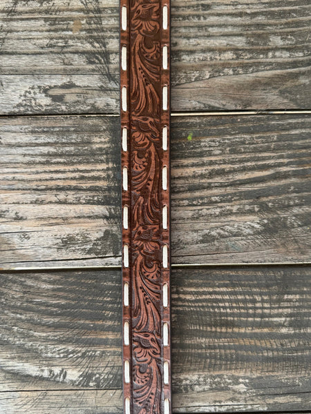Ladies Floral Tooled Whipstitch Leather Belt with Cactus Scene Buckle