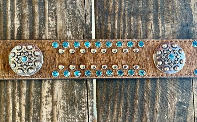 Ladies Hair-On-Hide Belt with Turquoise Crystal Studs & Concho