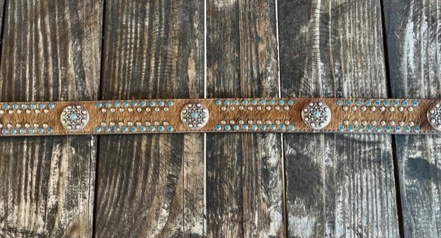 Ladies Hair-On-Hide Belt with Turquoise Crystal Studs & Concho